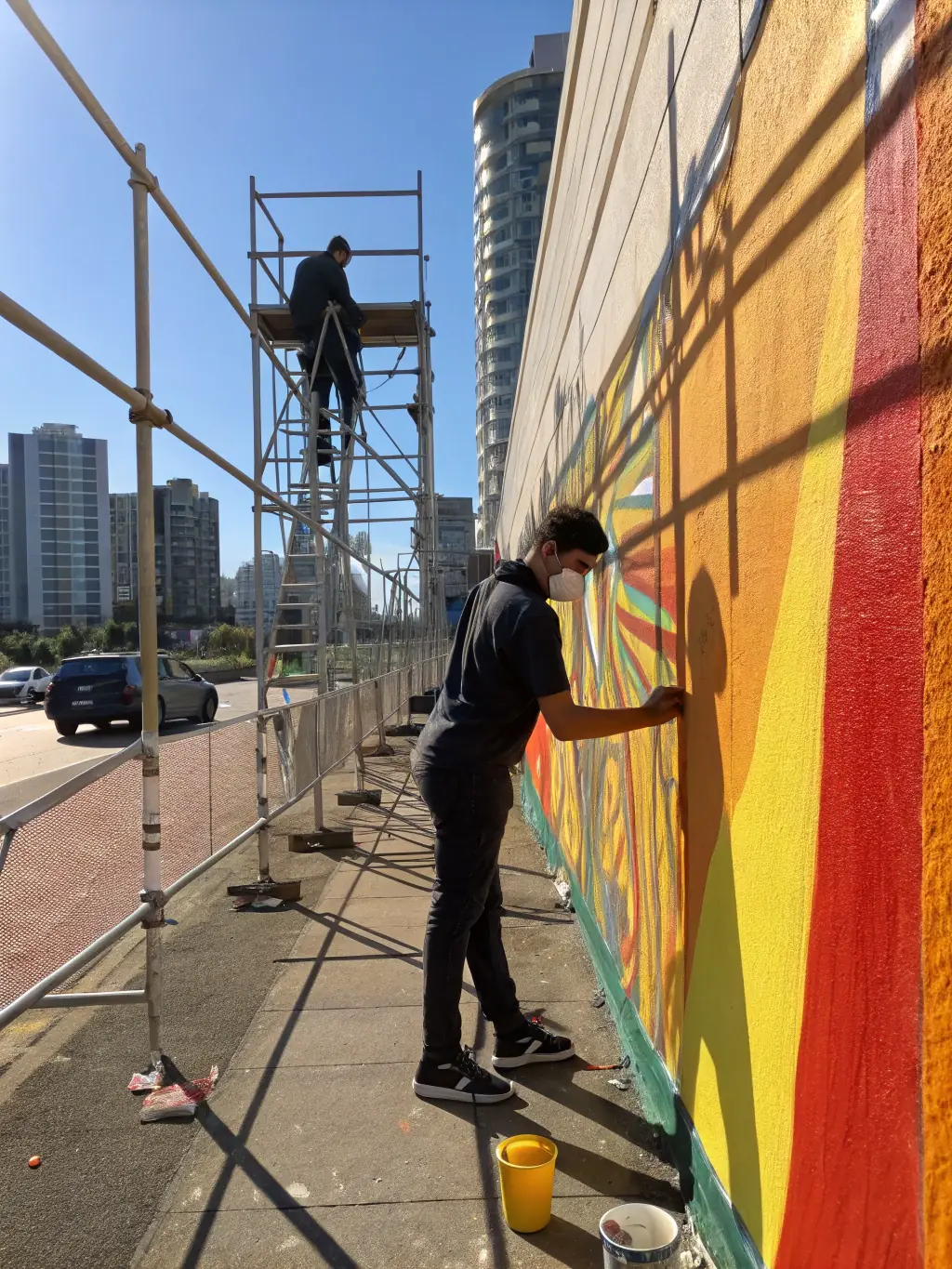A striking image of an artist working on a mural during the Urban Art Residency program, demonstrating the collective's support for emerging urban artists and their contribution to the local landscape.