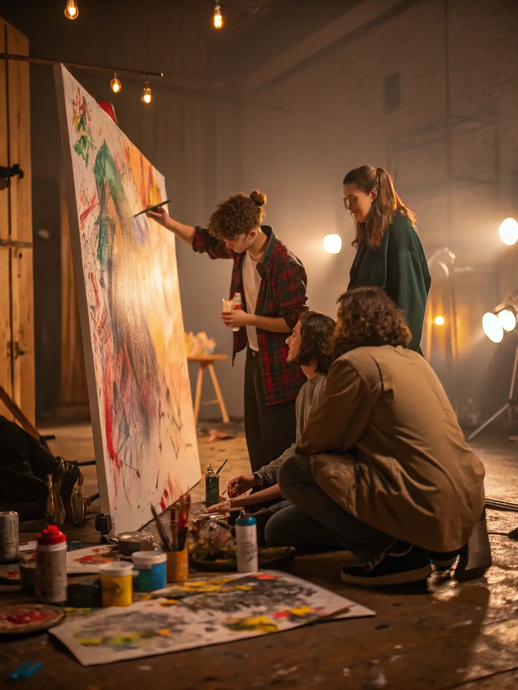 A photograph capturing a group of artists deeply engaged in a collaborative painting session during an Artist Support Program workshop, showcasing the vibrant and creative atmosphere.